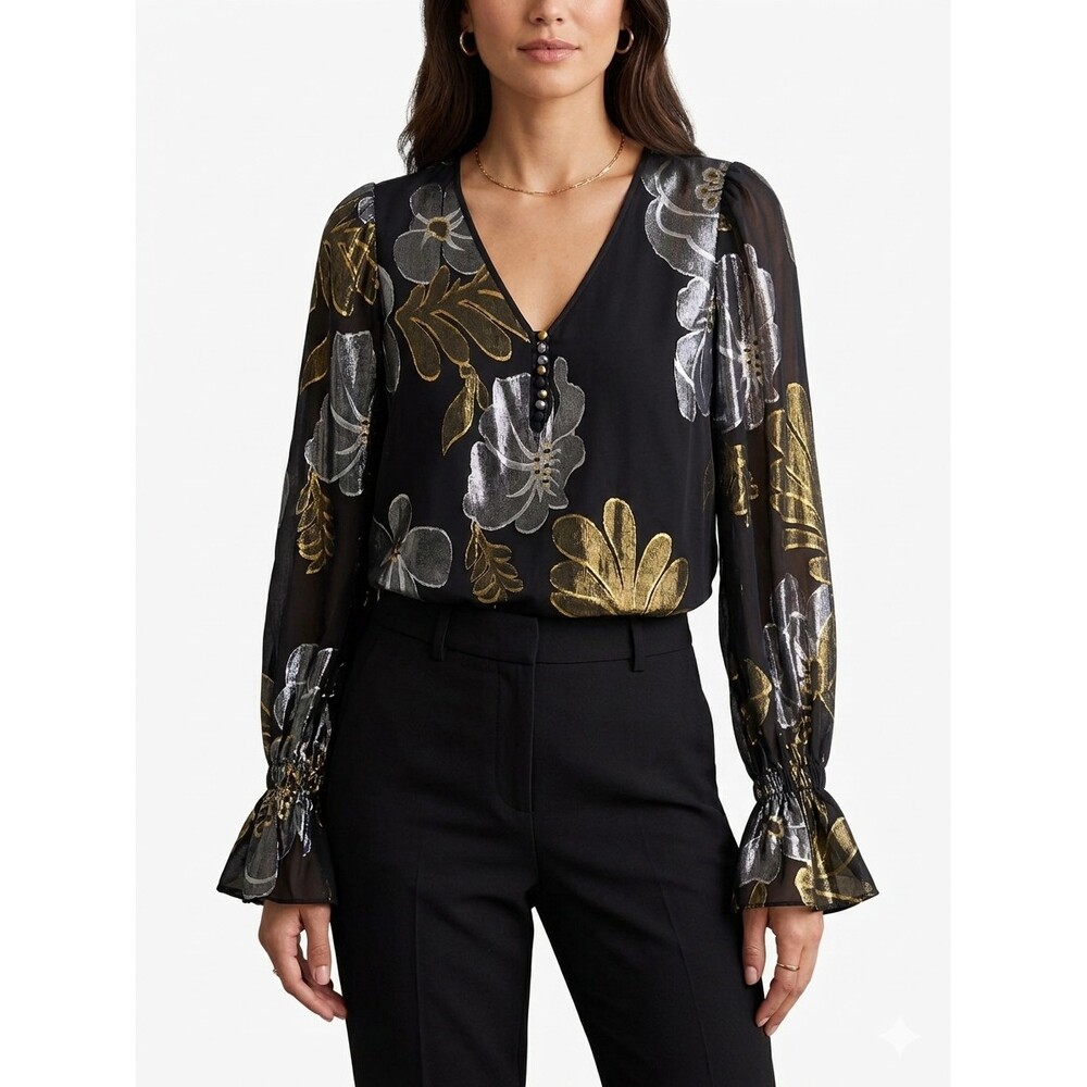 Trina Turk Kaito Top Silk Metallic Floral Black Gold Silver Small Bell Sleeve